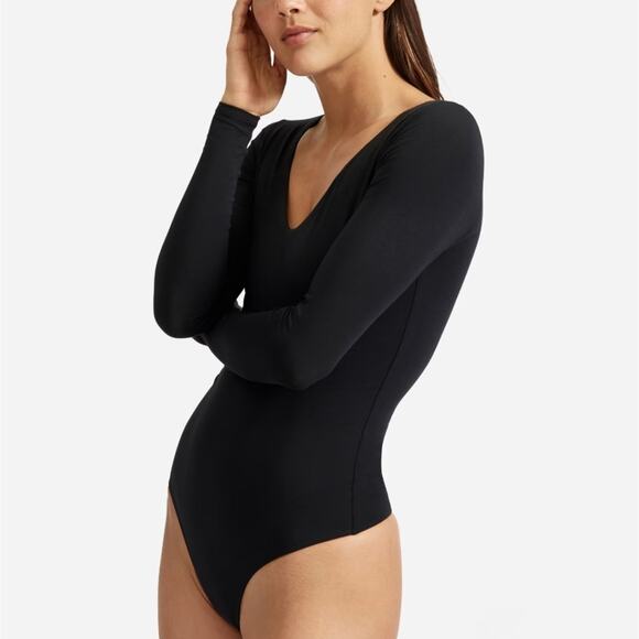 NEW Everlane Black V-Neck Long Sleeve Thong One-Piece Bodysuit - Picture 1 of 11